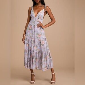 Lulus Lavender Floral Print Tie Midi Dress
